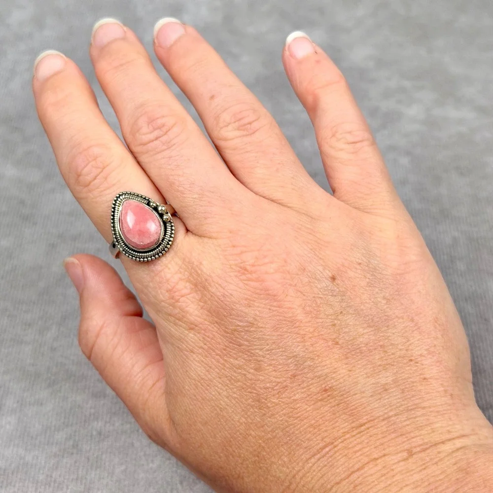 Sterling Silver Pink Rhodochrosite Pear Teardrop Beaded BOHO Ring Size 8